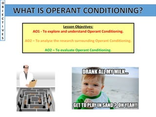 Lesson Objectives:
AO1 - To explore and understand Operant Conditioning.
AO2 – To analyse the research surrounding Operant Conditioning.
AO2 – To evaluate Operant Conditioning.
O
B
J
E
C
T
I
V
E
S
 