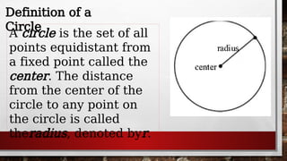 Definition of a
Circle
A circle is the set of all
points equidistant from
a fixed point called the
center. The distance
from the center of the
circle to any point on
the circle is called
theradius, denoted byr.
 