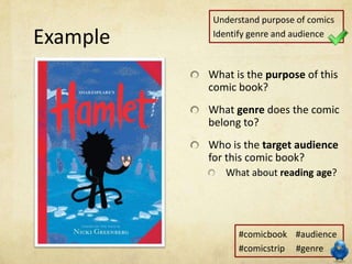 Understand purpose of comics

Example   Identify genre and audience



          What is the purpose of this
          comic book?
          What genre does the comic
          belong to?
          Who is the target audience
          for this comic book?
             What about reading age?




                #comicbook #audience
                #comicstrip #genre
 