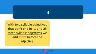 4
With two syllable adjectives
that don't end in -y, and all
three syllable adjectives we
add more before the
adjective.
 
