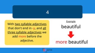 4
Example
beautiful
more beautiful
With two syllable adjectives
that don't end in -y, and all
three syllable adjectives we
add more before the
adjective.
 