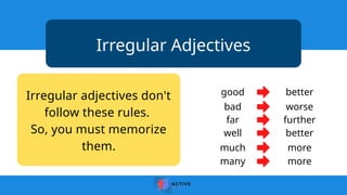 Irregular Adjectives
Irregular adjectives don't
follow these rules.
So, you must memorize
them.
good better
bad worse
far further
well better
much more
many more
 