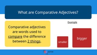 Comparative adjectives
are words used to
compare the difference
between 2 things.
What are Comparative Adjectives?
Example
bigger
smaller
 