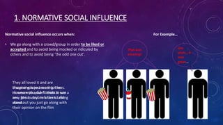 1. NORMATIVE SOCIAL INFLUENCE
Normative social influence occurs when:
• We go along with a crowd/group in order to be liked or
accepted and to avoid being mocked or ridiculed by
others and to avoid being ‘the odd one out’.
For Example…
That was
amazing!
Um
yeah… it
was
great…
Imagine you just went to the
cinema with your friends to see a
new film everyone’s been talking
about.
They all loved it and are
discussing how amazing it was.
However you didn’t think it was
very good… but in order to not
stand out you just go along with
their opinion on the film
 