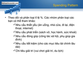 Kehoachcuocdoi.com
Spending Pattern
• Theo dõi và phân loại tỉ lệ %. Các nhóm phân loại các
bạn có thể tham khảo:
Nhu cầu thiết yếu (ăn uống, nhà cửa, đi lại, điện
thoại, internet)
Nhu cầu phát triển (sách vở, học hành, sức khoẻ)
Nhu cầu đóng góp (công tác xã hội, phụ giúp gia
đình)
Nhu cầu tiết kiệm (cho các mục tiêu tài chính lâu
dài)
Chi tiêu giải trí (vui chơi giải trí, du lịch)
 