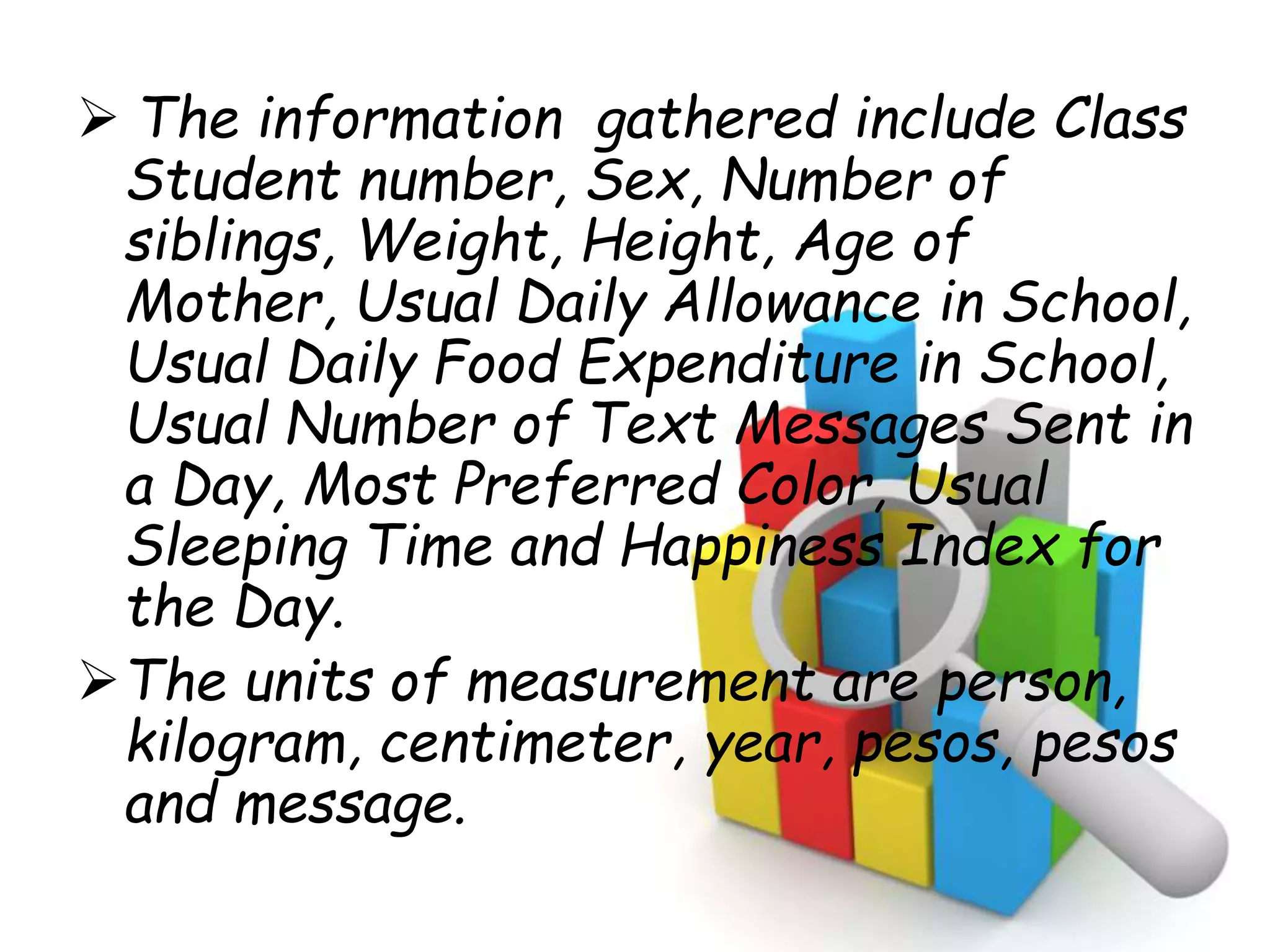  The information gathered include Class
Student number, Sex, Number of
siblings, Weight, Height, Age of
Mother, Usual Daily Allowance in School,
Usual Daily Food Expenditure in School,
Usual Number of Text Messages Sent in
a Day, Most Preferred Color, Usual
Sleeping Time and Happiness Index for
the Day.
The units of measurement are person,
kilogram, centimeter, year, pesos, pesos
and message.
 
