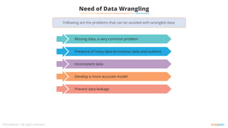 Need of Data Wrangling
Missing data, a very common problem
Presence of noisy data (erroneous data and outliers)
Inconsistent data
Develop a more accurate model
Prevent data leakage
Following are the problems that can be avoided with wrangled data:
 