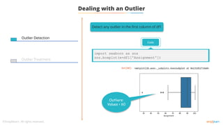 Dealing with an Outlier
Outlier Detection
Outlier Treatment
Detect any outlier in the first column of df1
Code
import seaborn as sns
sns.boxplot(x=df1['Assignment'])
Outliers:
Values < 60
 