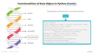 tail( )
values( )
groupby( )
Concatenation
Merging
head( )
Functionalities of Data Object in Python (Contd.)
Concatenation combines two or more data structures.
Code
import pandas
world_champions={'Team':['India','Australia','West
Indies','Pakistan','Sri Lanka’],
'ICC_rank':[2,3,7,8,4],
'World_champions_Year':[2011,2015,1979,1992,1996],
'Points':[874,787,753,673,855]}
chokers={'Team':['South Africa','New
Zealand','Zimbabwe'],'ICC_rank':[1,5,9],
'Points':[895,764,656]}
df1=pandas.DataFrame(world_champions)
df2=pandas.DataFrame(chokers)
print(pandas.concat([df1,df2],axis=1))
 