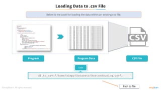 Loading Data to .csv File
Program Data
Program CSV File
Code
df.to_csv("/home/simpy/Datasets/BostonHousing.csv")
Path to file
Below is the code for loading the data within an existing csv file:
 