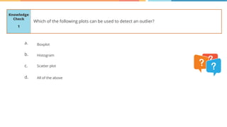 Knowledge
Check
a.
b.
c.
d.
Which of the following plots can be used to detect an outlier?
1
Boxplot
Histogram
Scatter plot
All of the above
 