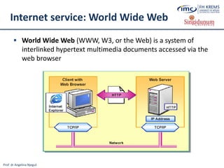Prof. dr Angelina Njeguš
Internet service: World Wide Web
 World Wide Web (WWW, W3, or the Web) is a system of
interlinked hypertext multimedia documents accessed via the
web browser
 