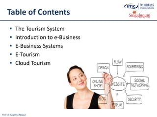 Prof. dr Angelina Njeguš
Table of Contents
 The Tourism System
 Introduction to e-Business
 E-Business Systems
 E-Tourism
 Cloud Tourism
 