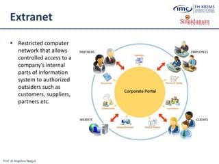 Prof. dr Angelina Njeguš
Extranet
 Restricted computer
network that allows
controlled access to a
company’s internal
parts of information
system to authorized
outsiders such as
customers, suppliers,
partners etc.
 