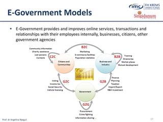 Prof. dr Angelina Njeguš
E-Government Models
 E-Government provides and improves online services, transactions and
relationships with their employees internally, businesses, citizens, other
government agencies
27
 