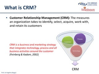 Prof. dr Angelina Njeguš
What is CRM?
 Customer Relationship Management (CRM): The measures
an organization takes to identify, select, acquire, work with,
and retain its customers
CRM
Technology
Customer
Process
CRM is a business and marketing strategy
that integrates technology, process and all
business activities around the customer
(Feinberg & Kadam, 2002)
 