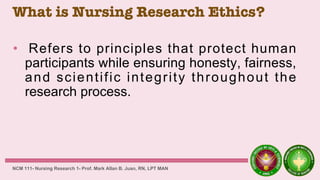 What is Nursing Research Ethics?
• Refers to principles that protect human
participants while ensuring honesty, fairness,
and scientific integrity throughout the
research process.
NCM 111- Nursing Research 1- Prof. Mark Allan B. Juan, RN, LPT MAN
 