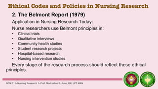 Ethical Codes and Policies in Nursing Research
2. The Belmont Report (1979)
Application in Nursing Research Today:
Nurse researchers use Belmont principles in:
• Clinical trials
• Qualitative interviews
• Community health studies
• Student research projects
• Hospital-based research
• Nursing intervention studies
Every stage of the research process should reflect these ethical
principles.
NCM 111- Nursing Research 1- Prof. Mark Allan B. Juan, RN, LPT MAN
 
