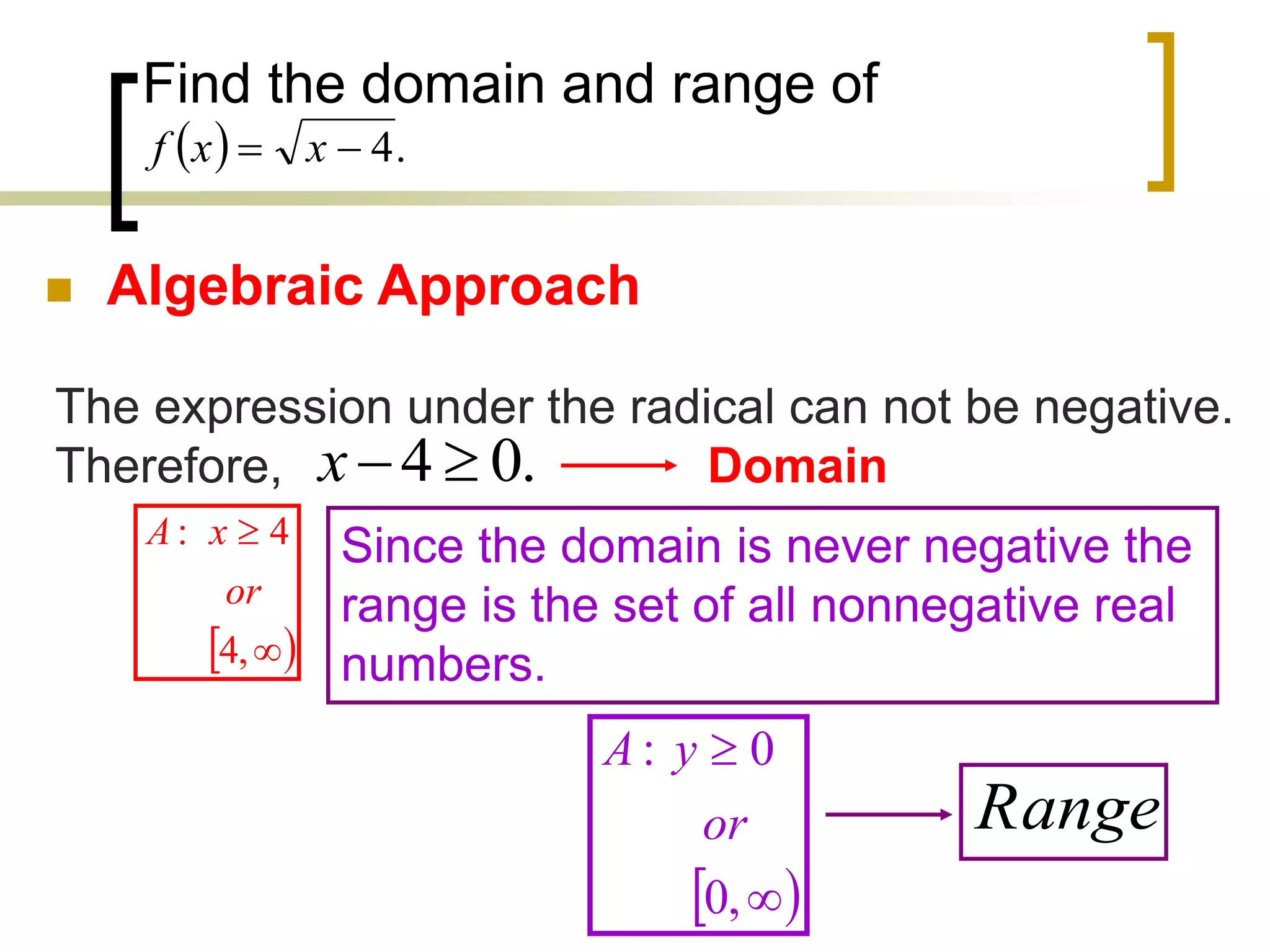 Find the domain and range of
 Algebraic Approach
  .
4

 x
x
f
The expression under the radical can not be negative.
Therefore, Domain
.
0
4 

x
 


,
4
4
:
or
x
A Since the domain is never negative the
range is the set of all nonnegative real
numbers.
 


,
0
0
:
or
y
A
Range
 