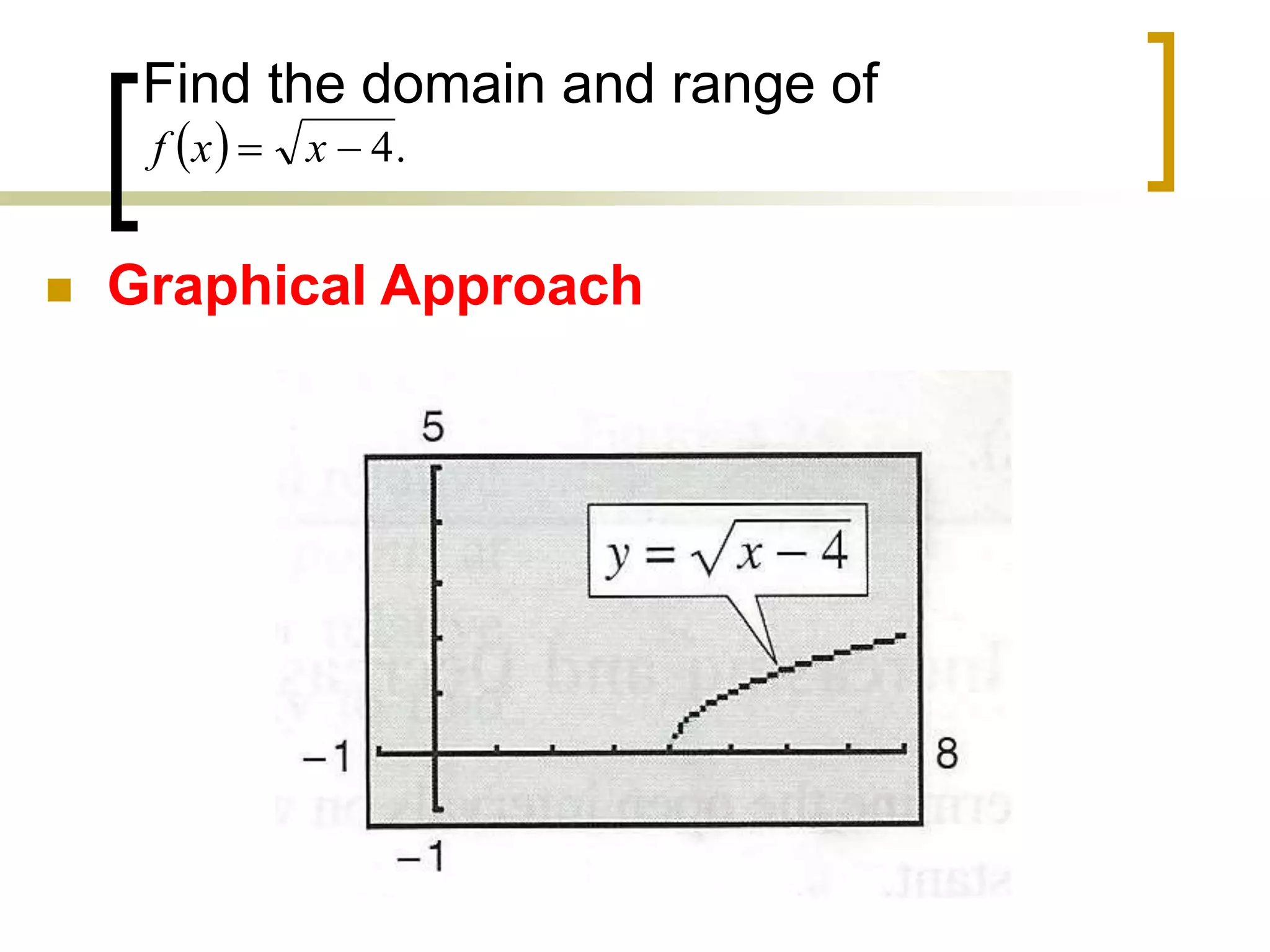 Find the domain and range of
 Graphical Approach
  .
4

 x
x
f
 