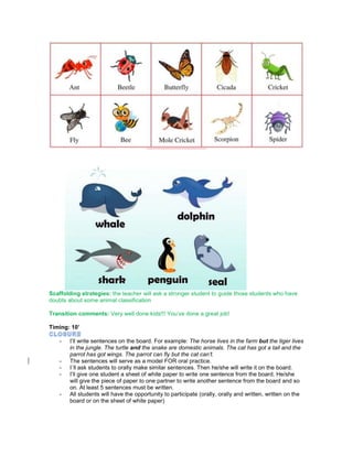 Scaffolding strategies: the teacher will ask a stronger student to guide those students who have
doubts about some animal classification
Transition comments: Very well done kids!!! You’ve done a great job!
Timing: 10’
- I’ll write sentences on the board. For example: The horse lives in the farm but the tiger lives
in the jungle. The turtle and the snake are domestic animals. The cat has got a tail and the
parrot has got wings. The parrot can fly but the cat can’t.
- The sentences will serve as a model FOR oral practice.
- I´ll ask students to orally make similar sentences. Then he/she will write it on the board.
- I’ll give one student a sheet of white paper to write one sentence from the board. He/she
will give the piece of paper to one partner to write another sentence from the board and so
on. At least 5 sentences must be written.
- All students will have the opportunity to participate (orally, orally and written, written on the
board or on the sheet of white paper)
 