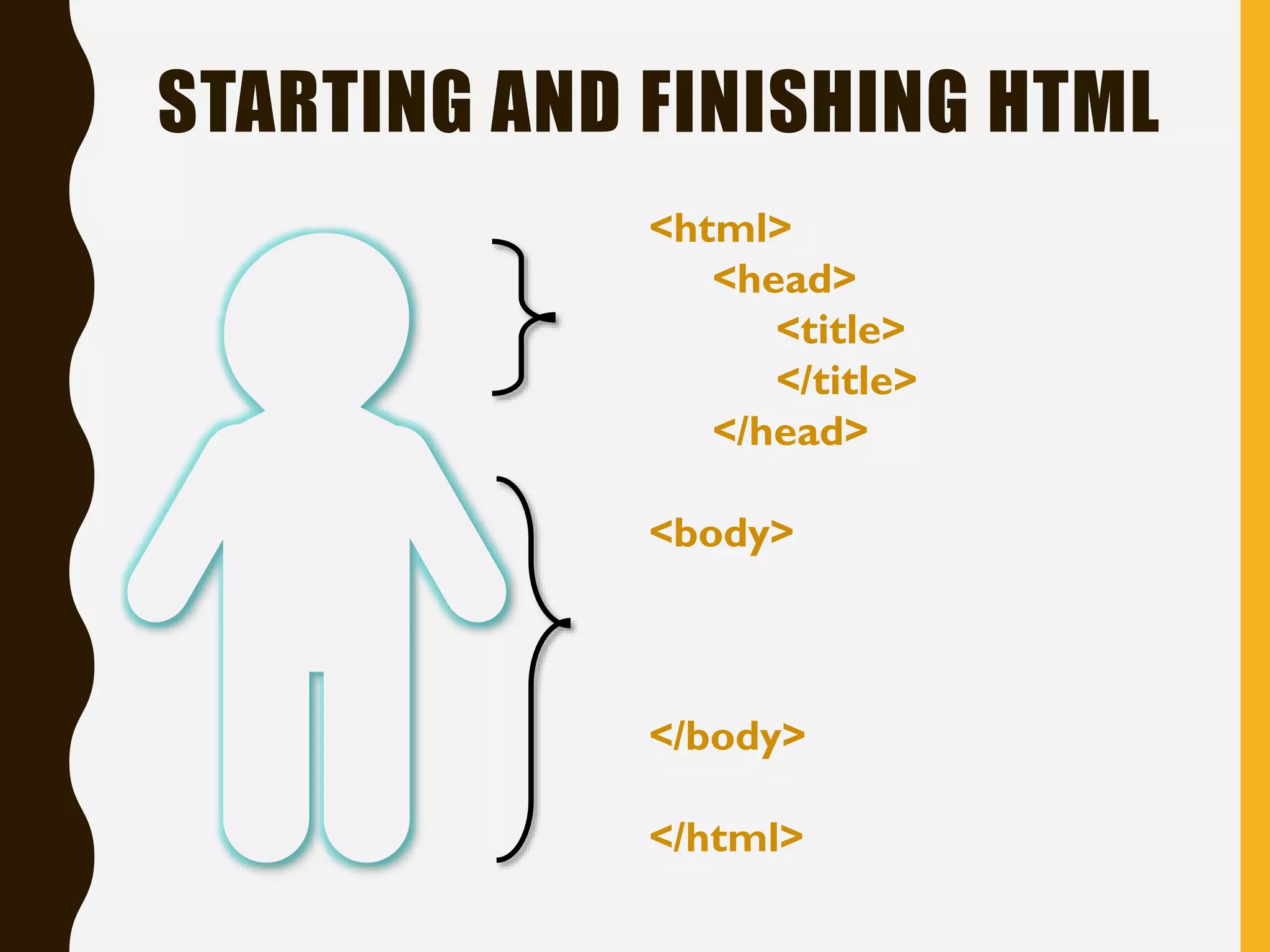 STARTING AND FINISHING HTML
<html>
<head>
<title>
</title>
</head>
<body>
</body>
</html>
 