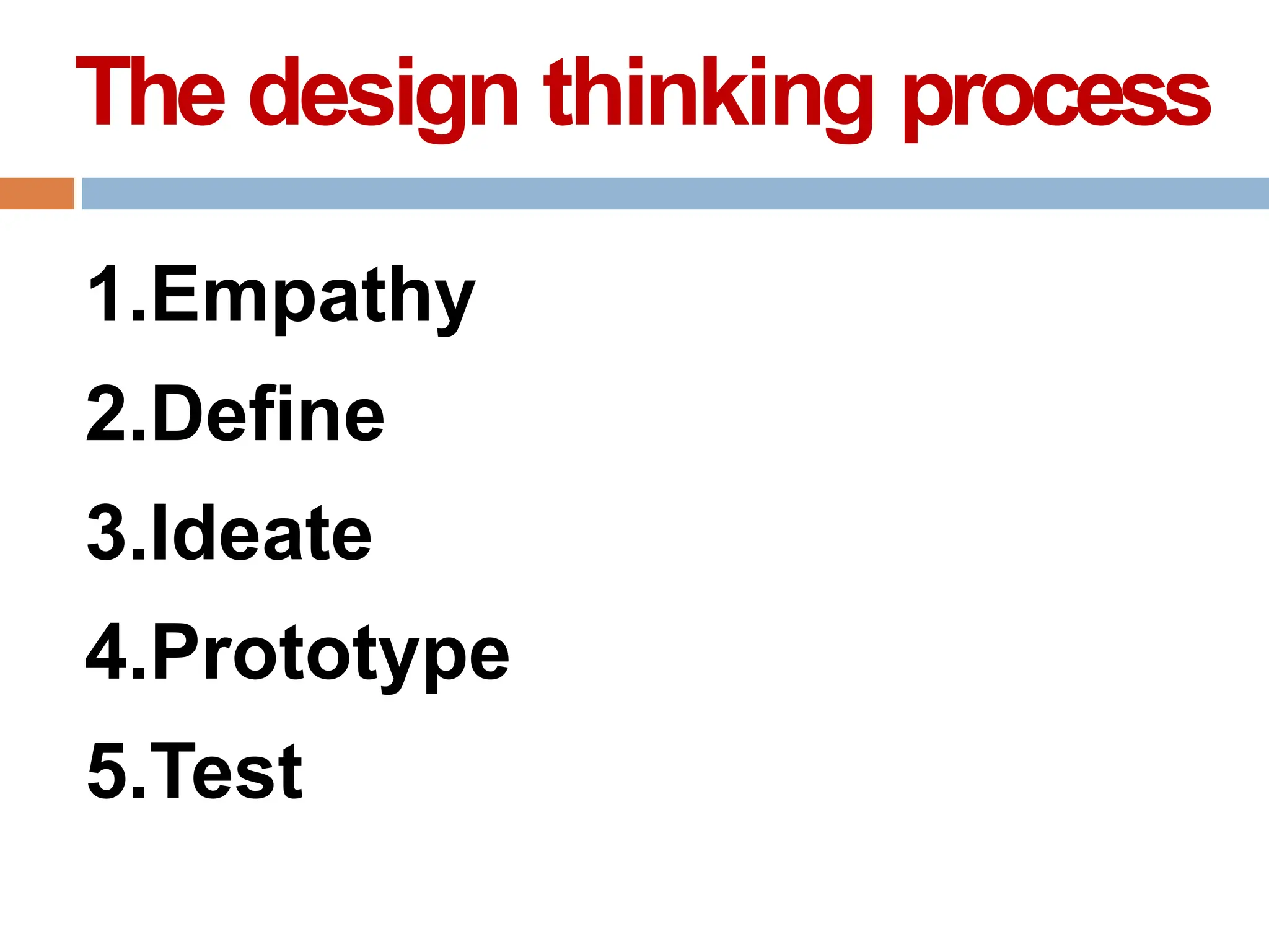 The design thinking process
1.Empathy
2.Define
3.Ideate
4.Prototype
5.Test
 