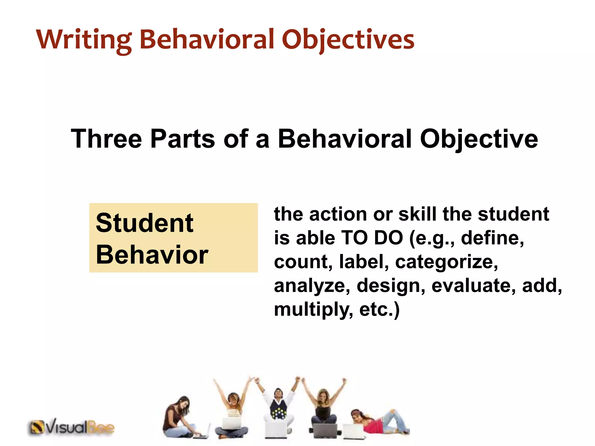 Writing Behavioral Objectives 
Three Parts of a Behavioral Objective 
Student 
Behavior 
the action or skill the student 
is able TO DO (e.g., define, 
count, label, categorize, 
analyze, design, evaluate, add, 
multiply, etc.) 
 