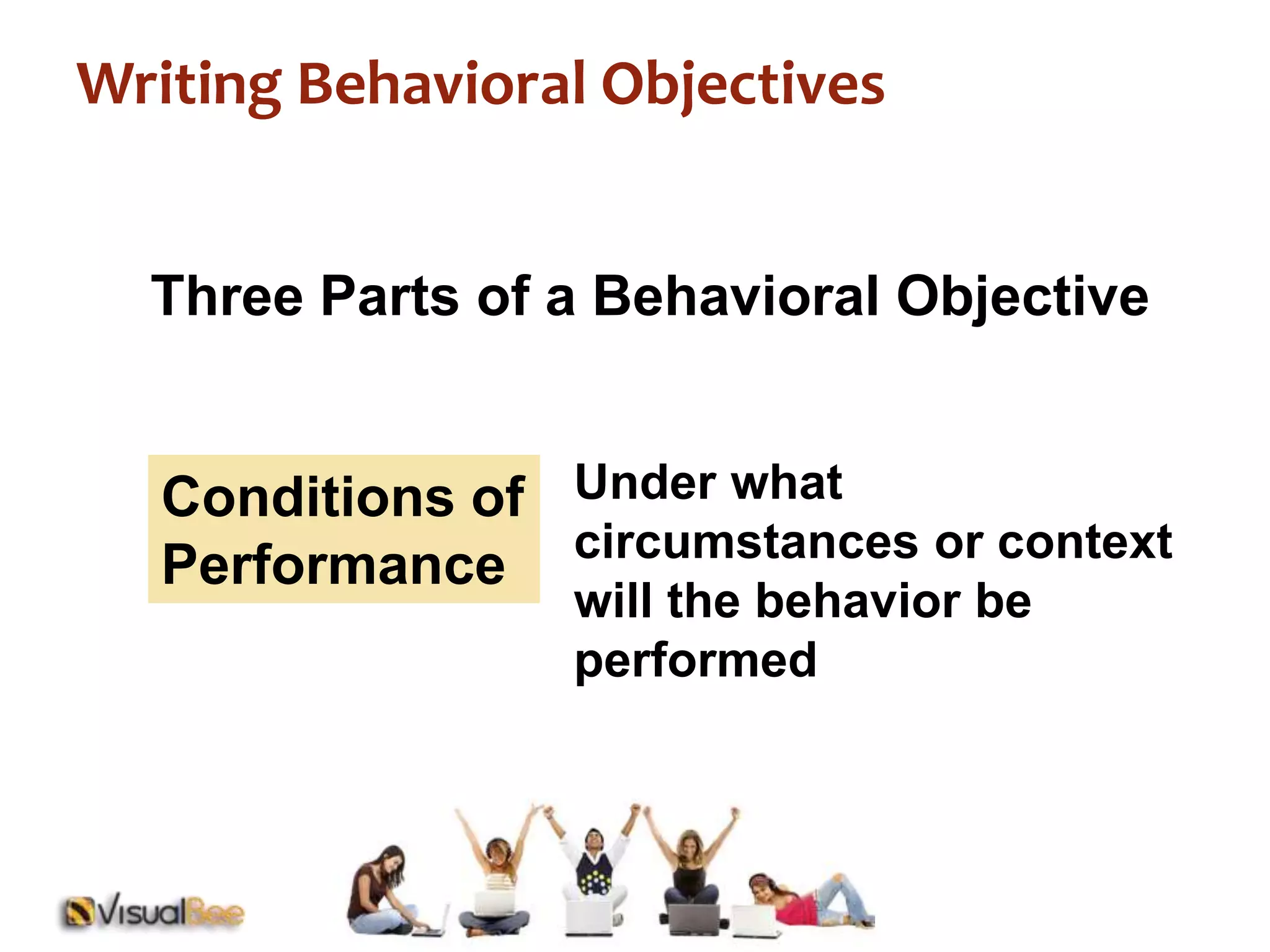 Writing Behavioral Objectives 
Three Parts of a Behavioral Objective 
Conditions of 
Performance 
Under what 
circumstances or context 
will the behavior be 
performed 
 