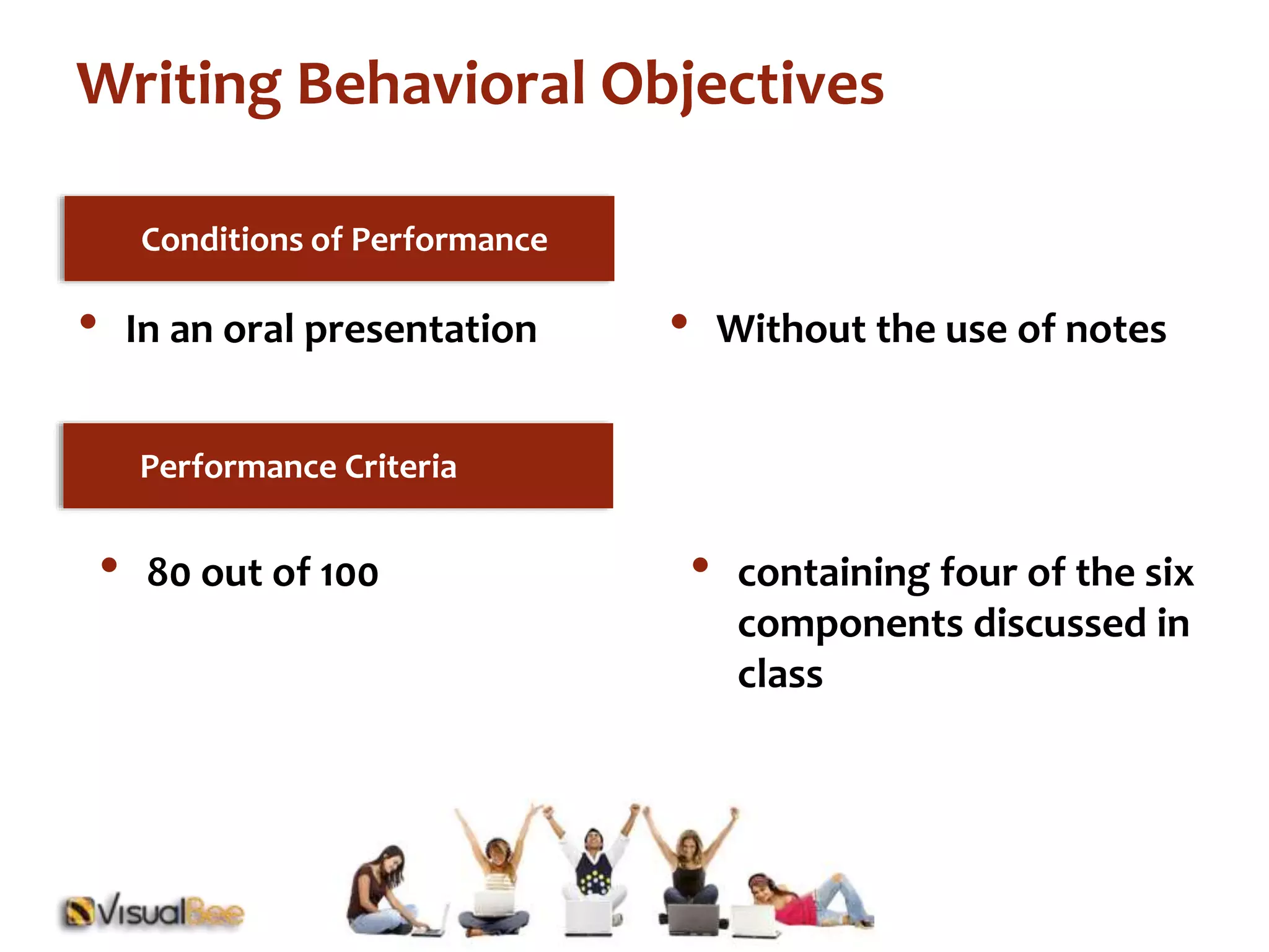 Writing Behavioral Objectives 
Conditions of Performance 
• In an oral presentation • Without the use of notes 
Performance Criteria 
• 80 out of 100 • containing four of the six 
components discussed in 
class 
 