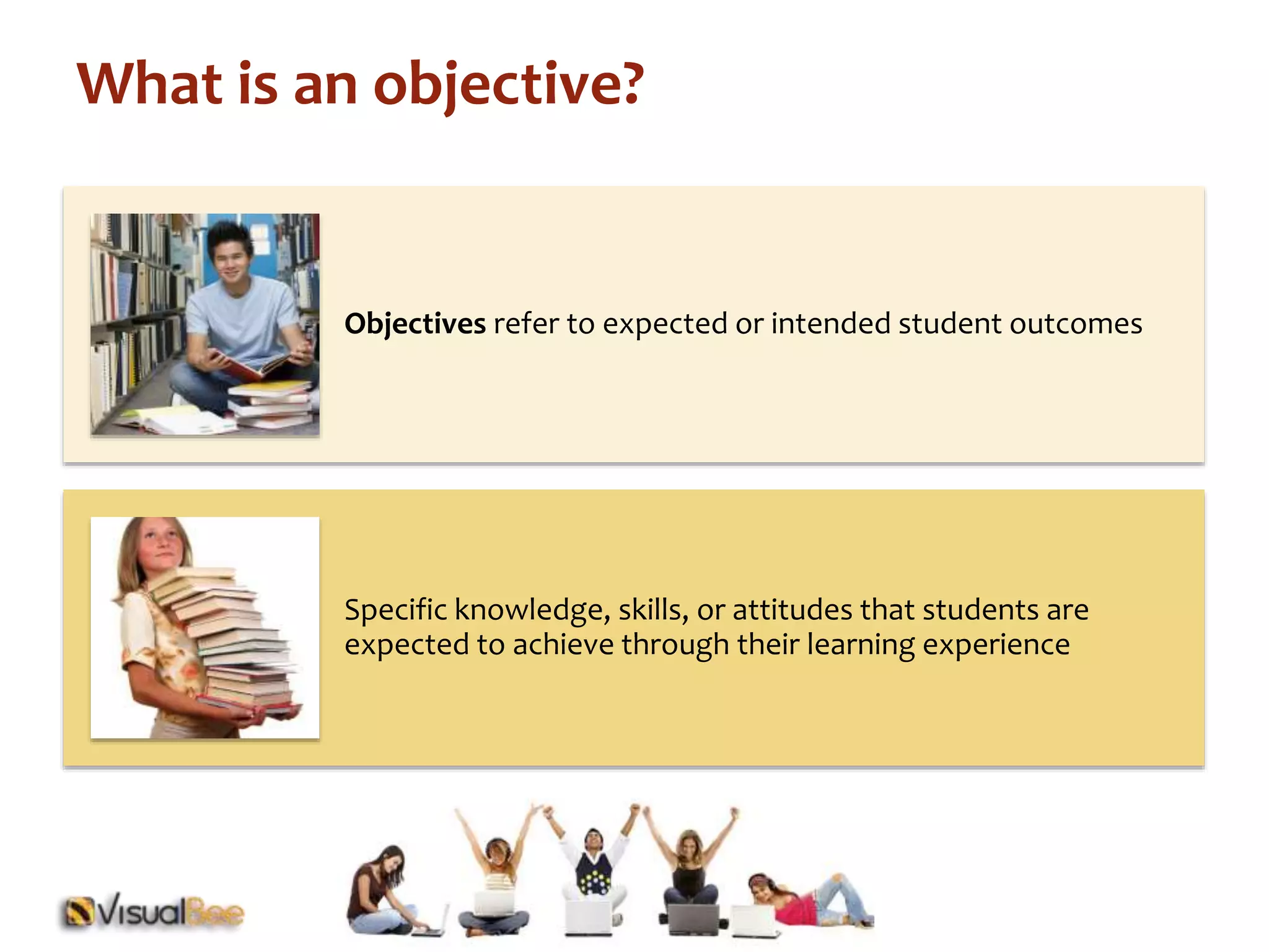 What is an objective? 
Objectives refer to expected or intended student outcomes 
Specific knowledge, skills, or attitudes that students are 
expected to achieve through their learning experience 
 
