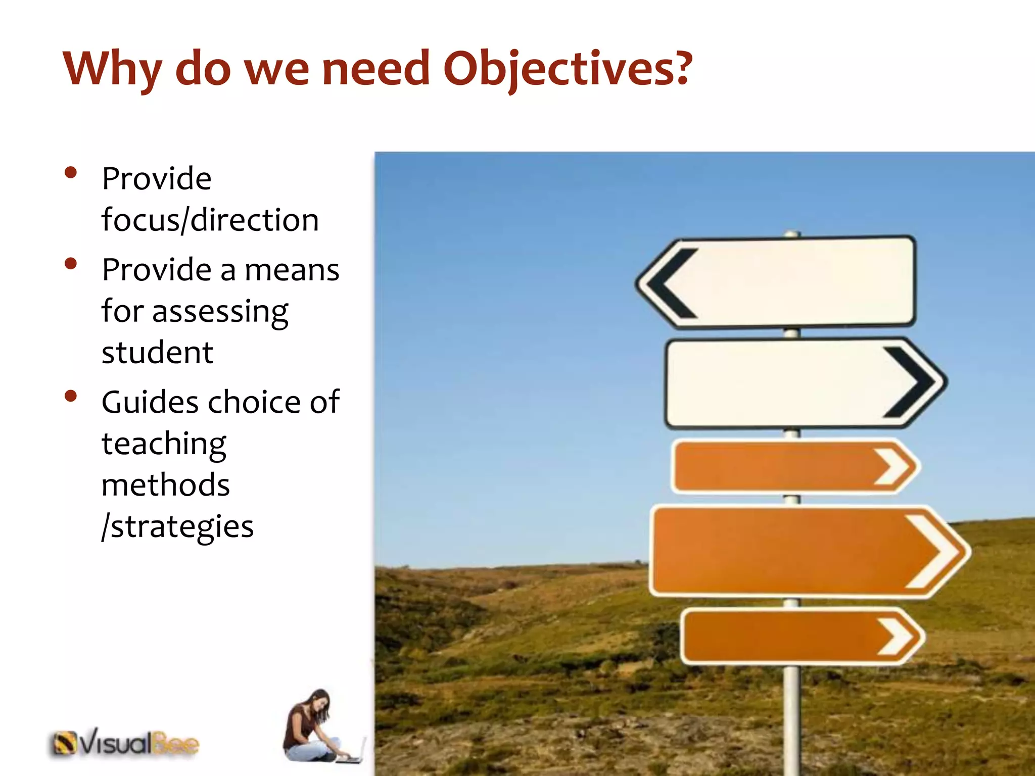 Why do we need Objectives? 
• Provide 
focus/direction 
• Provide a means 
for assessing 
student 
• Guides choice of 
teaching 
methods 
/strategies 
 