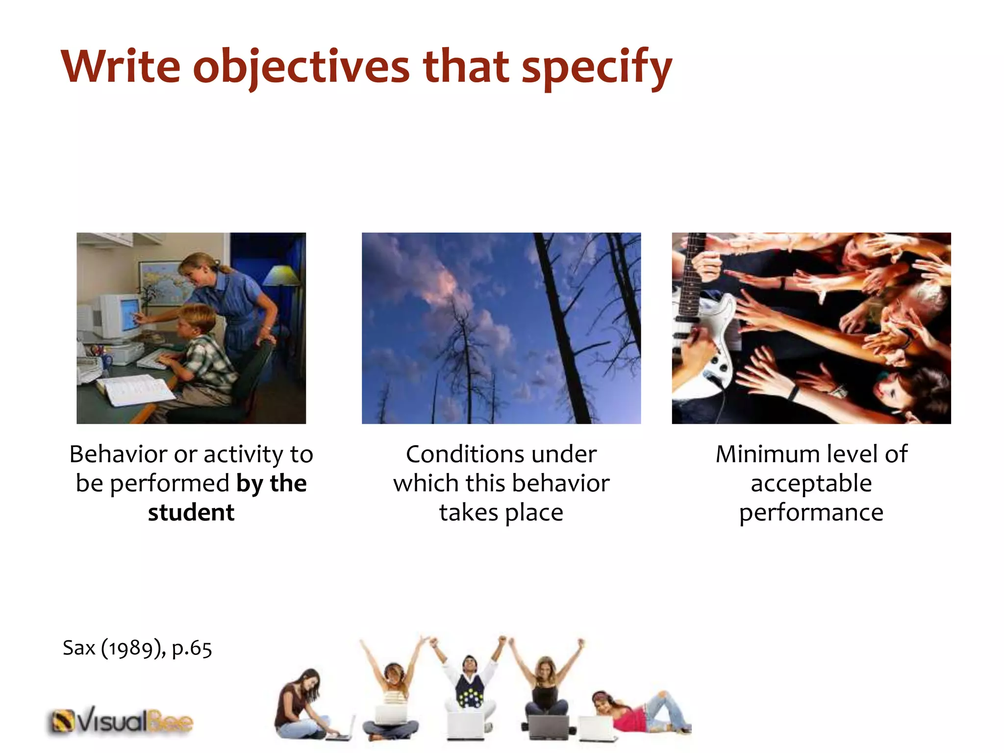 Write objectives that specify 
Behavior or activity to 
be performed by the 
student 
Conditions under 
which this behavior 
takes place 
Minimum level of 
acceptable 
performance 
Sax (1989), p.65 
 