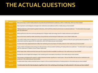 YEAR QUESTION
Jan 09 Discuss the ways in which media products are produced and distributed to audiences, within a media area, which you have studied.
June 09 How important is technological convergence for institutions and audiences within a media area you have studied?
Jan 10 “Media production is dominated by global institutions, which sell their products and services to national audiences.” To what extent do you agree
with this statement?
June 10 What significance does the continuing development of digital media technology have for media institutions and audiences?
Jan 11 Discuss the issues raised by media ownership in the production and exchange of media texts in your chosen media area.
June 11 “Successful media products depend as much upon marketing and distribution to a specific audience as they do upon good production practices.” To
what extent would you agree with this statement, within the media area you have studied?
Jan 12 To what extent does digital distribution affect the marketing and consumption of media products in the media area you have studied?
June 12 “Cross-media convergence and synergy are vital processes in the successful marketing of media products to audiences.” To what extent to you agree
with this statement in relation to your chosen media area?
Jan 13 What impact does media ownership have upon the range of products available to audiences in the media area you have studied?
June 13 Evaluate the role of digital technologies in the marketing and consumption of products in the media area you have studied.
June 14 The increase in hardware and content in media industries has been significant in recent years. Discuss the effect this has had on institutions and
audiences in the media area you have studied.
June 15 To what extent does media ownership have an impact on the successful distribution of media products in the media area you have studied?
June 16 To what extent has the internet played a significant role in the marketing and exchange of media products in the area you have studied?
 