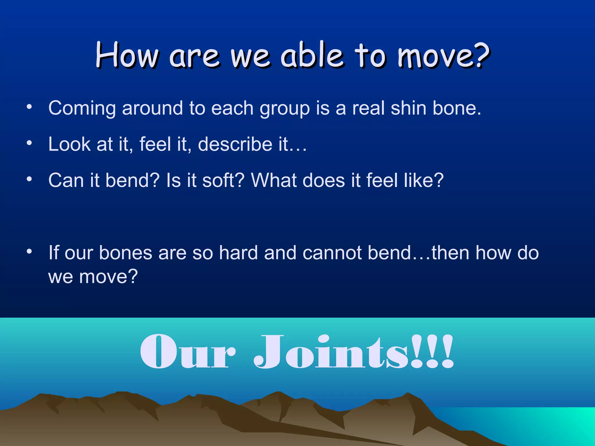 How are we able to move?
• Coming around to each group is a real shin bone.
• Look at it, feel it, describe it…
• Can it bend? Is it soft? What does it feel like?
• If our bones are so hard and cannot bend…then how do
we move?

Our Joints!!!

 