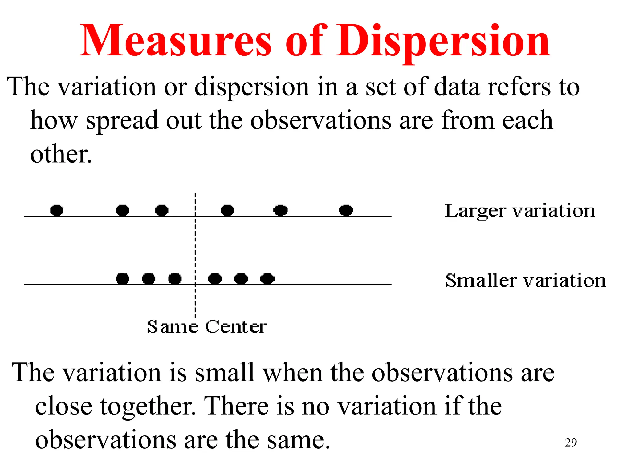 29
Measures of Dispersion
The variation or dispersion in a set of data refers to
how spread out the observations are from each
other.
The variation is small when the observations are
close together. There is no variation if the
observations are the same.
 