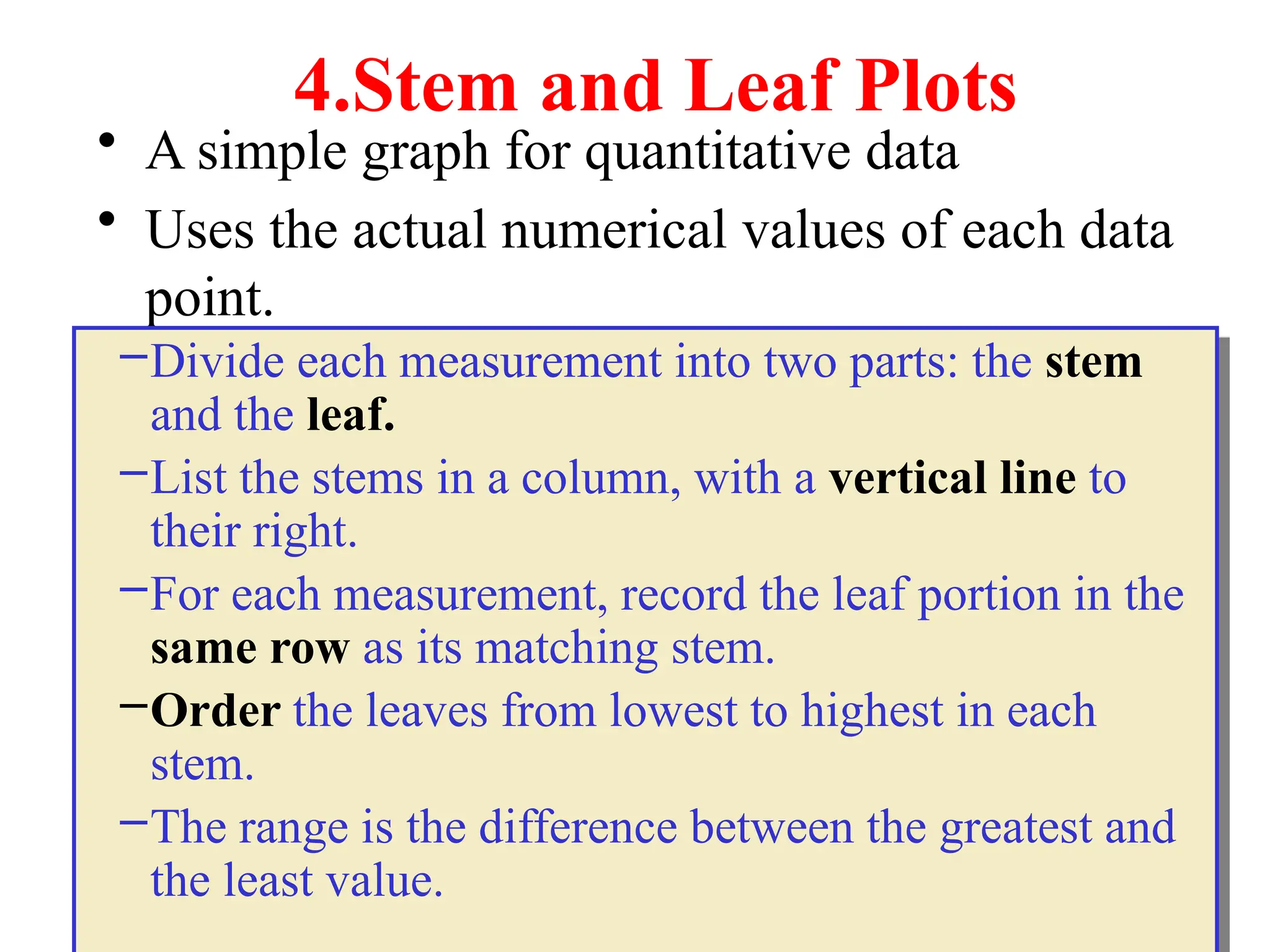 4.Stem and Leaf Plots
• A simple graph for quantitative data
• Uses the actual numerical values of each data
point.
–Divide each measurement into two parts: the stem
and the leaf.
–List the stems in a column, with a vertical line to
their right.
–For each measurement, record the leaf portion in the
same row as its matching stem.
–Order the leaves from lowest to highest in each
stem.
–The range is the difference between the greatest and
the least value.
 