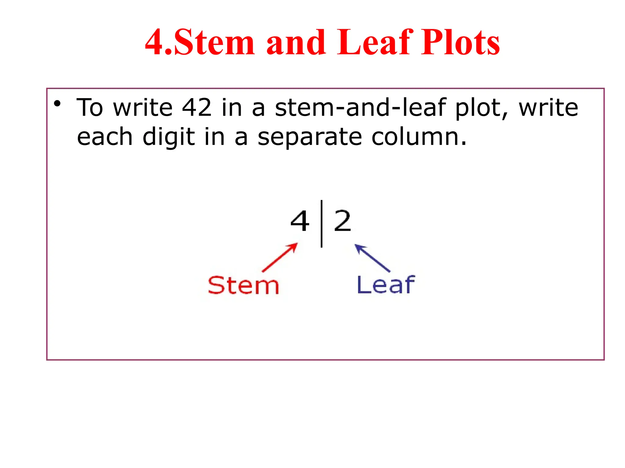 4.Stem and Leaf Plots
• To write 42 in a stem-and-leaf plot, write
each digit in a separate column.
 