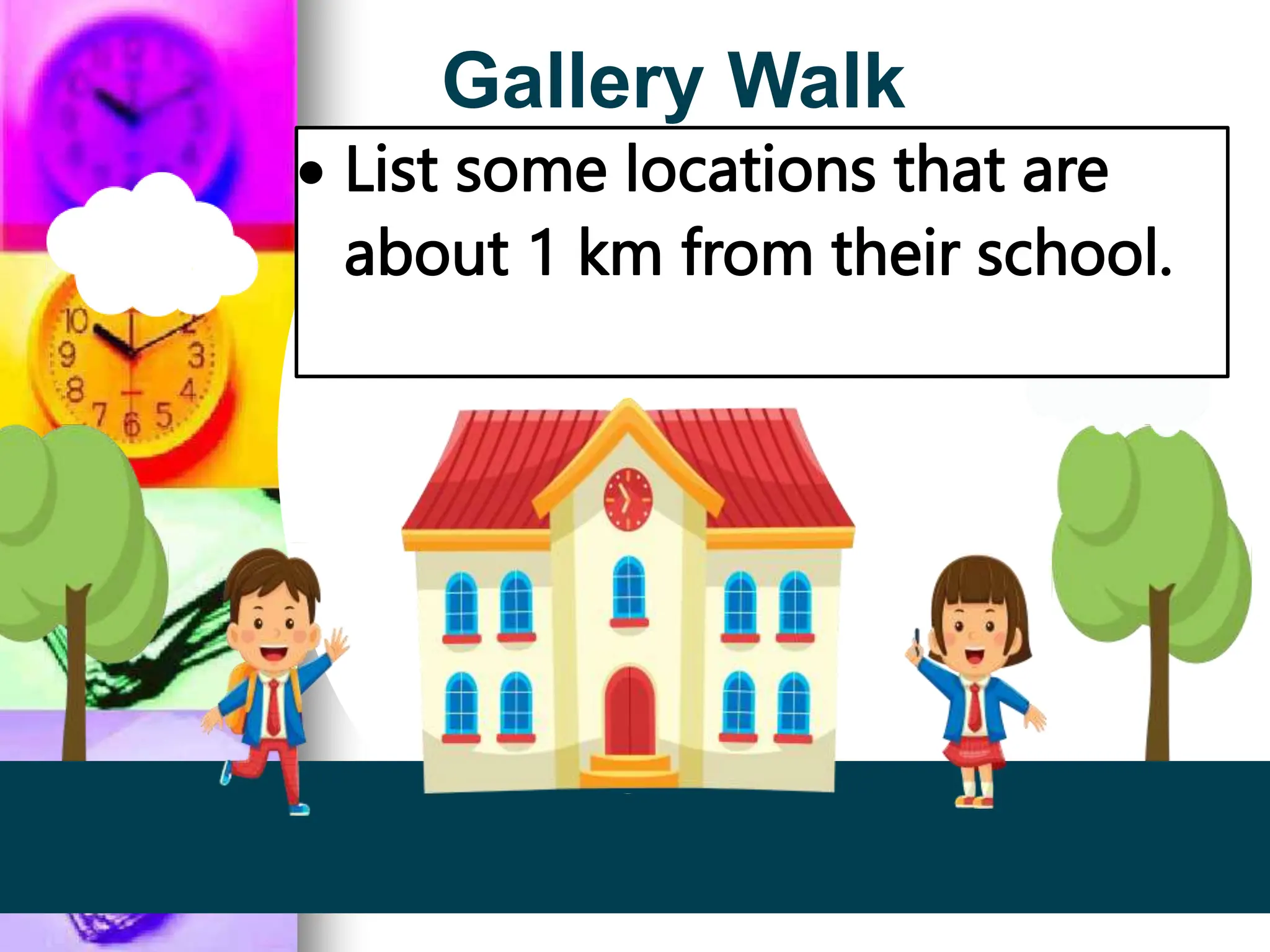 Gallery Walk
 List some locations that are
about 1 km from their school.
 