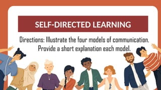 SELF-DIRECTED LEARNING
Directions: Illustrate the four models of communication.
Provide a short explanation each model.
 