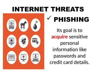 INTERNET THREATS
 PHISHING
Its goal is to
acquire sensitive
personal
information like
passwords and
credit card details.
 