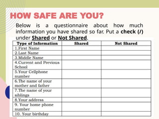 HOW SAFE ARE YOU?
Below is a questionnaire about how much
information you have shared so far. Put a check (/)
under Shared or Not Shared.
 
