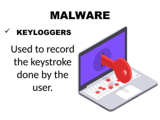 MALWARE
 KEYLOGGERS
Used to record
the keystroke
done by the
user.
 