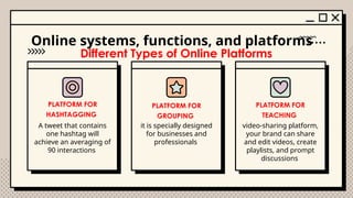PLATFORM FOR
HASHTAGGING
PLATFORM FOR
GROUPING
PLATFORM FOR
TEACHING
A tweet that contains
one hashtag will
achieve an averaging of
90 interactions
it is specially designed
for businesses and
professionals
video-sharing platform,
your brand can share
and edit videos, create
playlists, and prompt
discussions
Online systems, functions, and platforms
Different Types of Online Platforms
 