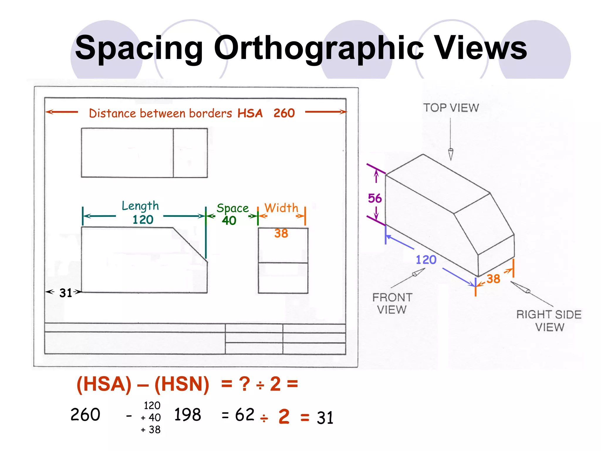 Spacing Orthographic Views (HSA) – (HSN)  = ?  ÷  2 = 260  - = 62 ÷  2 =  31 Distance between borders  HSA  260 Length   120 Width   38 Space 40 120 56 38 31 120  + 40 + 38 198 