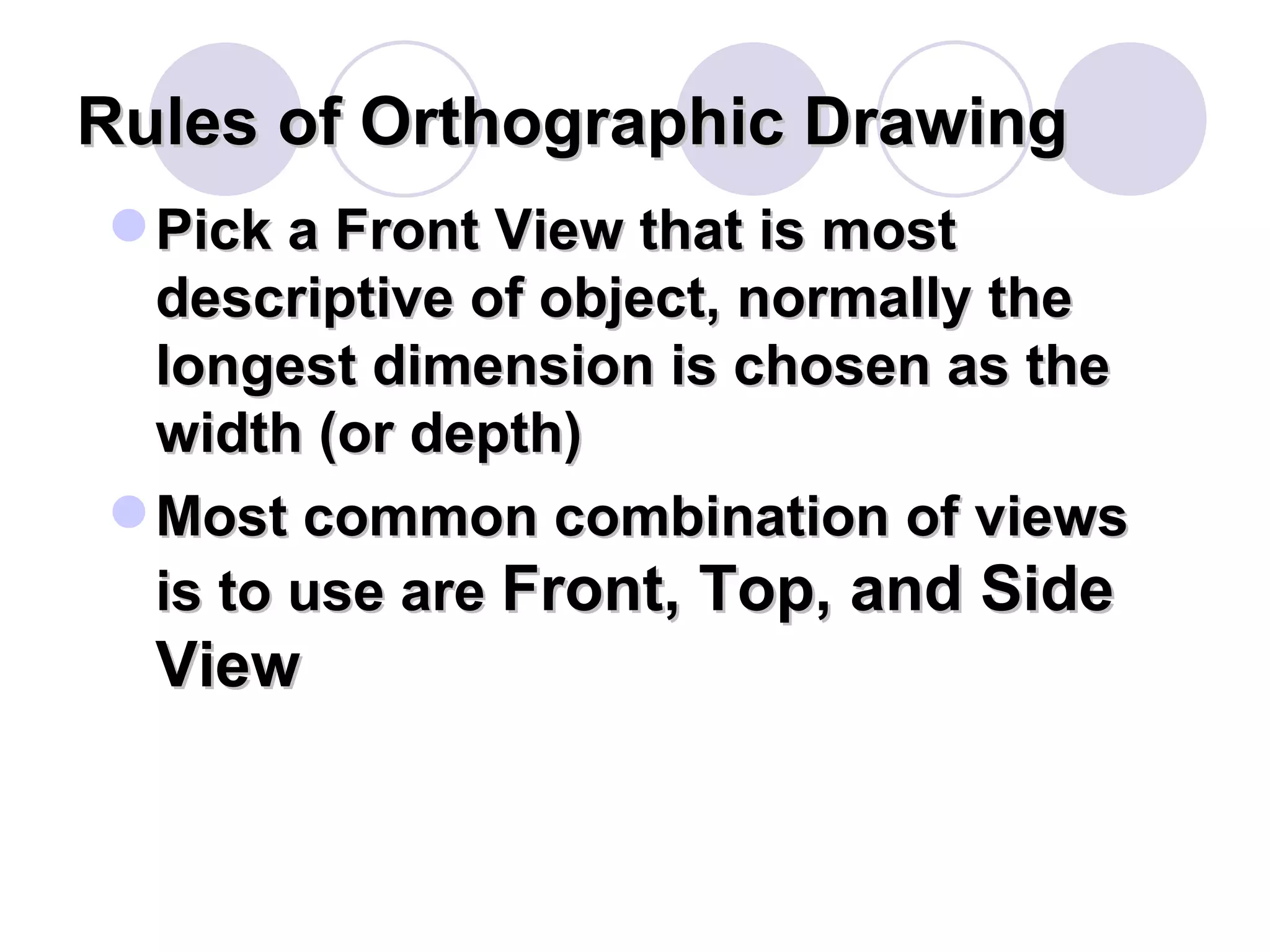 Rules of Orthographic Drawing Pick a Front View that is most descriptive of object, normally the longest dimension is chosen as the width (or depth) Most common combination of views is to use are  Front, Top, and Side View 