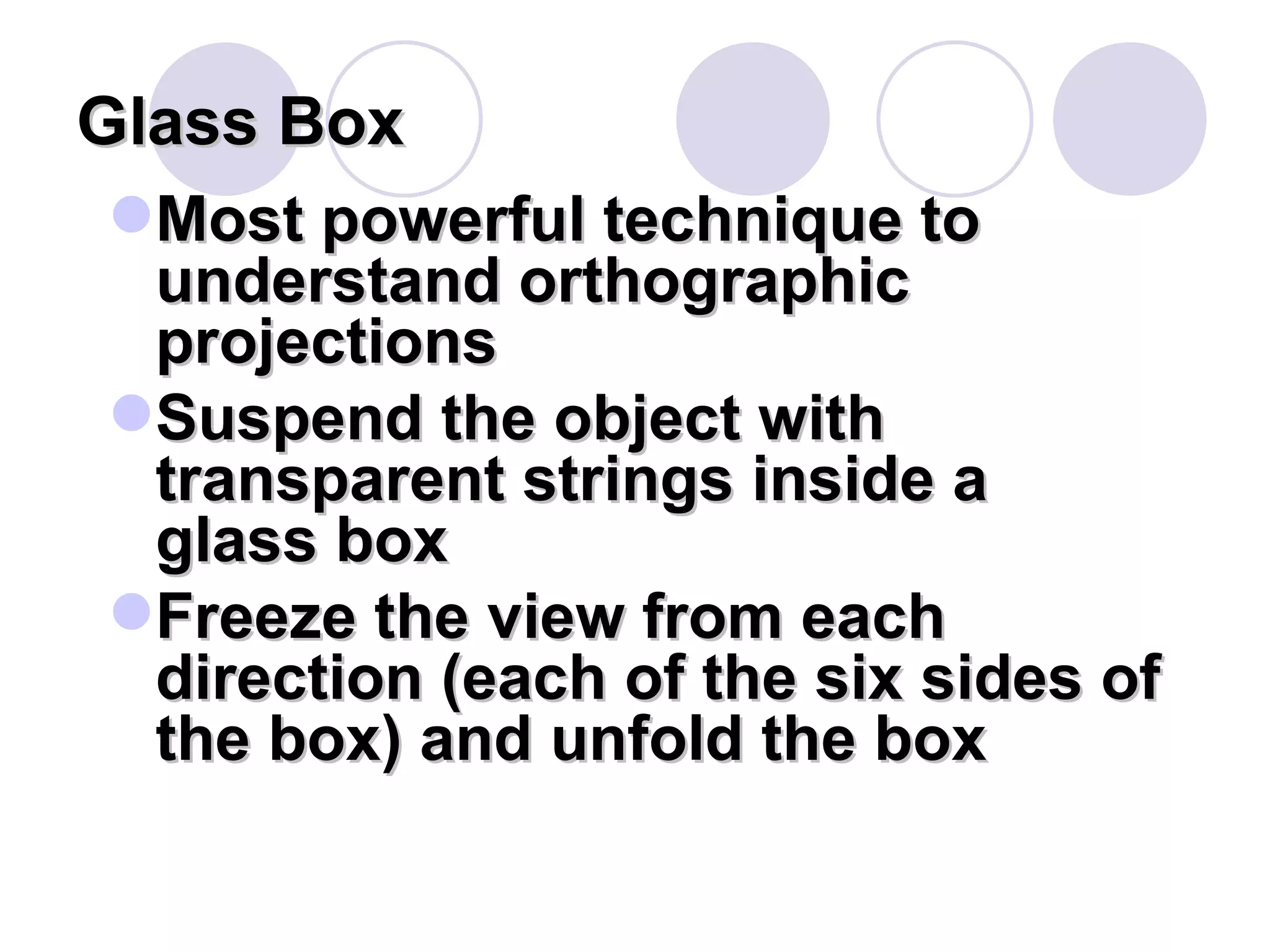 Glass Box Most powerful technique to understand orthographic projections Suspend the object with transparent strings inside a glass box Freeze the view from each direction (each of the six sides of the box) and unfold the box 