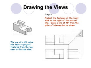 Drawing the Views The use of a 45 o  mitre line helps to project features from the top view to the side view. Step 3: Project the features of the front view to the right of the vertical line.  Draw a line at 45 o  from the point of intersection as shown. 