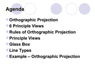 Agenda Orthographic Projection 6 Principle Views Rules of Orthographic Projection Principle Views Glass Box Line Types Example – Orthographic Projection 