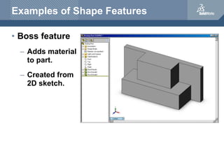 Examples of Shape Features
• Boss feature
– Adds material
to part.
– Created from
2D sketch.
 